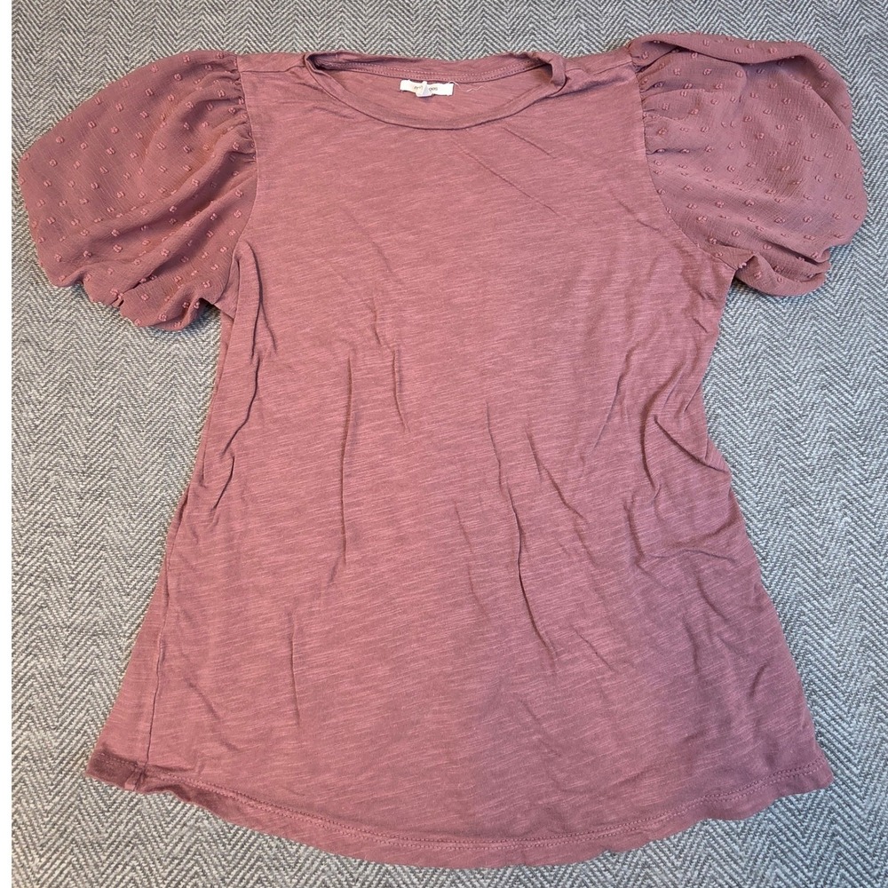 Maurices Mauve Swiss Dot Puff Sleeve Slub Knit Top Small Mixed Media Blouse